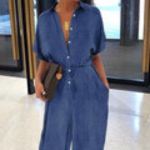 Blue Denim V-neck Drawstring Jumpsuit 4XL
